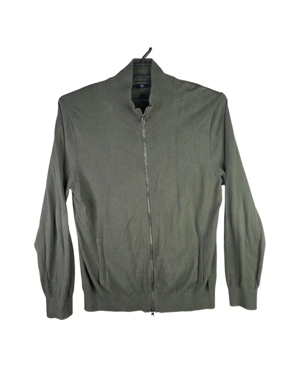 Mens Gap Olive Green Full Zip Cotton Cardigan Sweater Ribbed Collar & Pockets XL